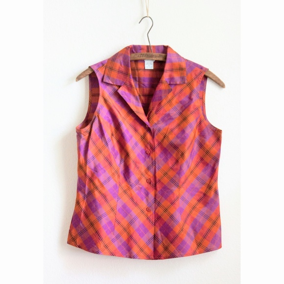 Vintage Tops - Vintage Orange & Magenta Plaid Top